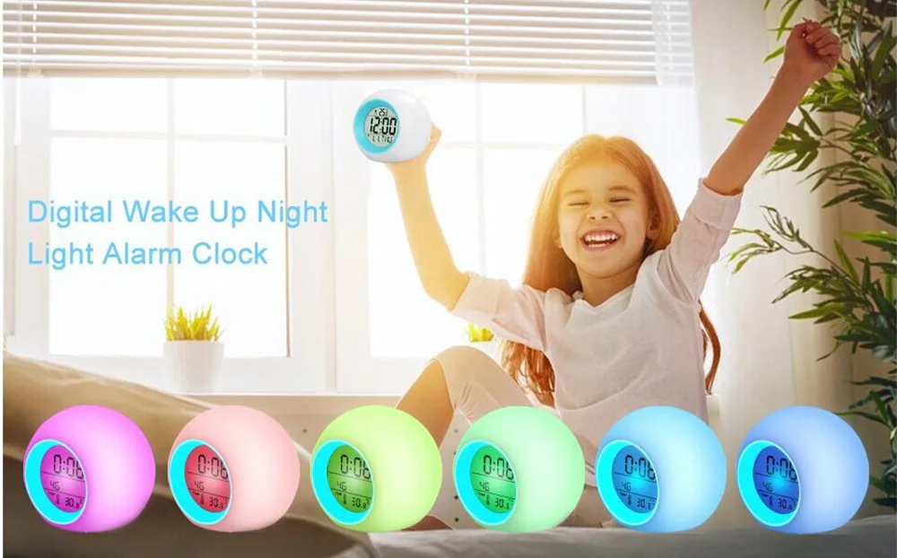 Многофункциональные детские будильники, меняющий цвет светодиодный светильник, будильник, термометр, функция повтора, цифровые настольные часы