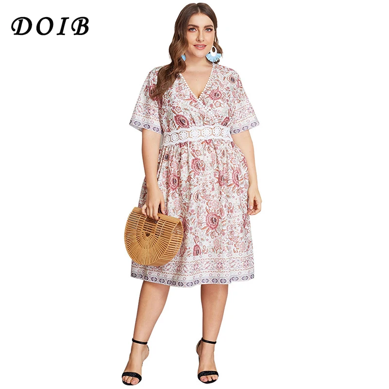 

DOIB Plus Size Dress Floral Print Bohemian Lace Patchwork Deep V Neck Short Sleeve Sexy Bobycon Apricot Dresses XL XXL XXXL XXXX