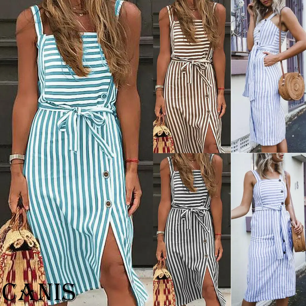

Women's Summer Casual Spaghetti Strap Striped Buttons front Split Hollow Long Midi Evening Party Beach Dress Sundress Vestidos