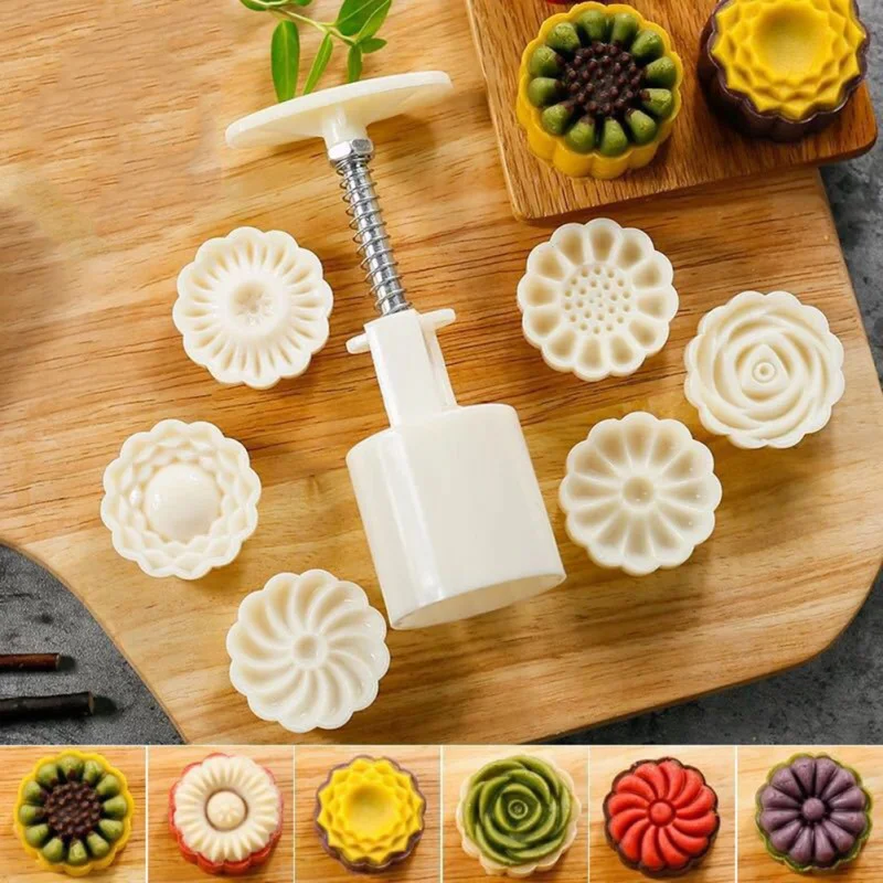 

2019 NEW 7Pcs Hand Pressed Round Flower Mooncake Mold Fondant Moon Cake Decoration Tools Cookie Cutter Pastry Baking Tool