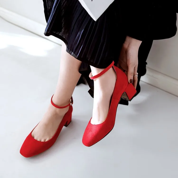 

Big Size 9 10 11 12 ladies high heels women shoes woman pumps Square-headed single-shoe with buckled suede