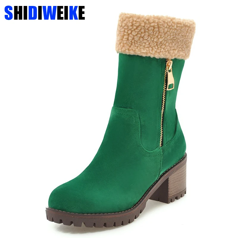 

Brand Women Boots Female Winter Shoes Woman Fur Warm Snow Boots Fashion Square High Heels Mid Calf Boots Half Knee Boots m969