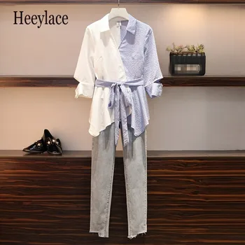 

2019 Summer Women Plus Business Office Casual Short Sleeve Tshirt +Retro Long Jeans Two Piece Pant Set Suit Large Size L-4XL