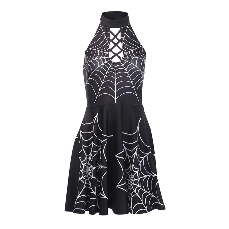 Summer Gothic Punk Dress Women Sexy Dresses Sleeveless Hollow Out Spider Web Pattern Black for Girl | Женская одежда