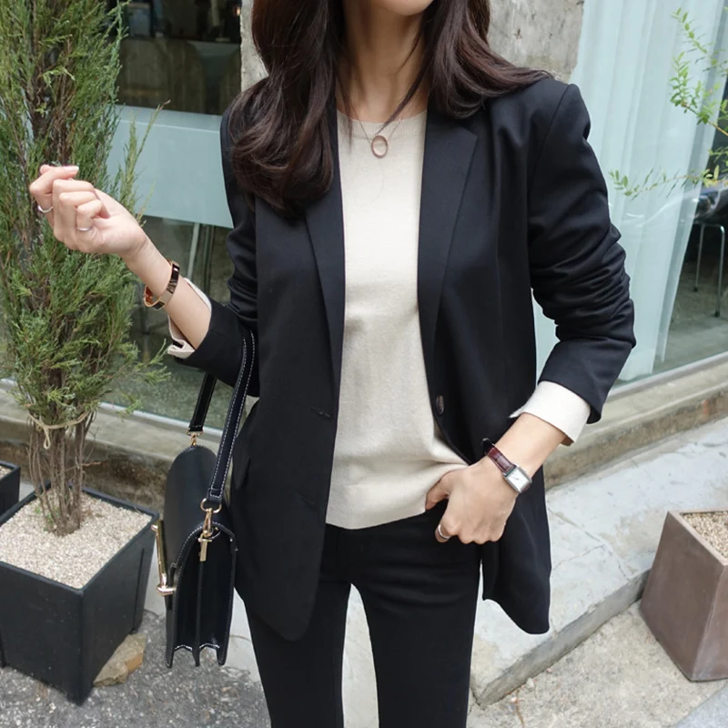 

Women's small suit 2019 new autumn temperament casual simple Slim single-breasted long-sleeved black suit jacket