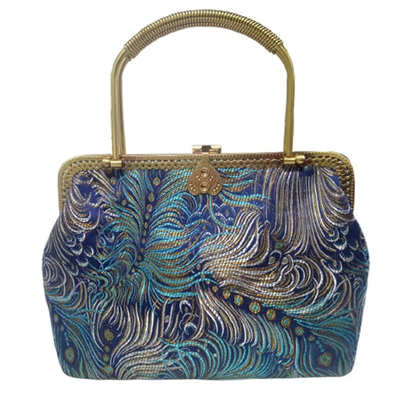 

Original Chinese style retro silk bag peacock feather print gold handbag Magnetic buckle shoulder bag