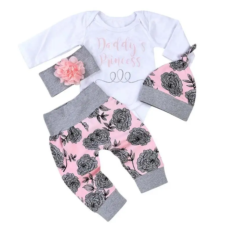 4pcs Newborn Baby Clothes Set Cute Romper Floral Print Pants Hat Headband Fashion Casual Flower
