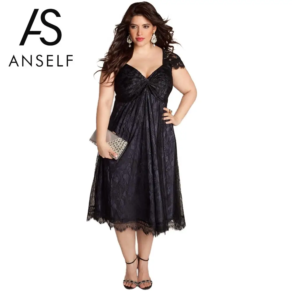 

Women 5XL Plus Size Lace Dress V Neck Cap Sleeve Midi Elegant Ladies Evening Club Wear Party Dress female 2019 Summer Midi Dress