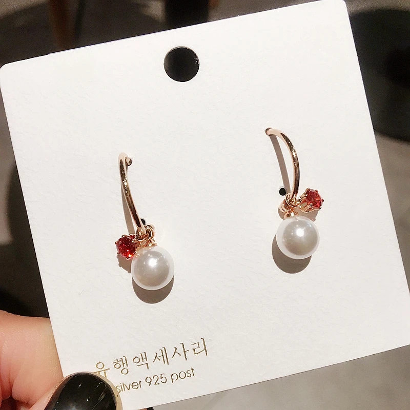 

High Quality Dangle Earrings Rose Gold Color Small Red Zircon Stone Imitation Pearl Earrings for Women Party Jewelry