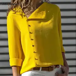 Женская Повседневная однотонная блузка с длинным рукавом, рубашка с лацканами, женская рубашка с нерегулярным воротником, обычные блузы