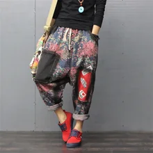 Для женщин Винтаж свободные джинсы плюс Размеры брюки осень новые шаровары Характер Печать каваи деним большой Размеры брюки для Для женщин