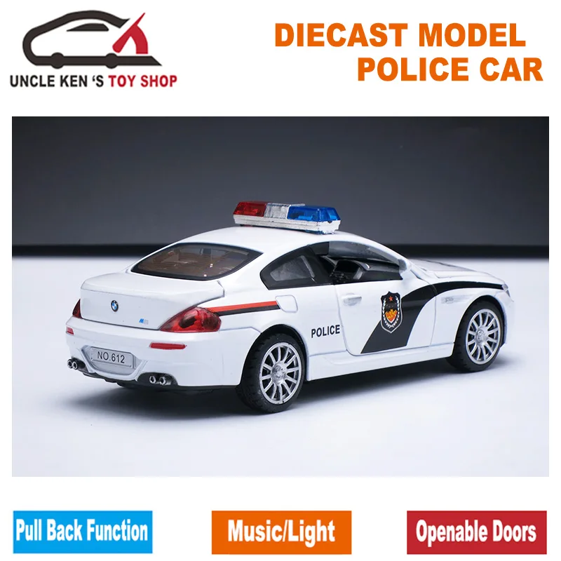 Goede 1 32 Schaal Politie Speelgoed Model Auto, metalen auto, Diecast Modellen, jongen Gift Speelgoed Met Te Openen Deuren Trek Functie Muziek