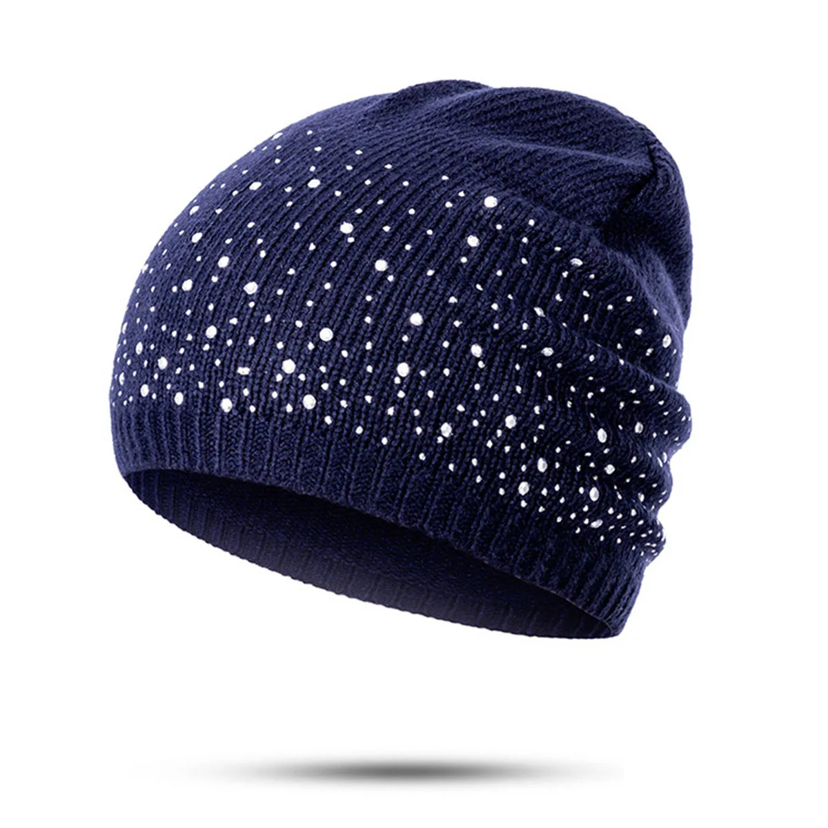 navy blue Зимние женские шапки GROUP JUMP, модные мягкие теплые вязаные шапки бини, женская шапка, стразы, хлопковая шапка Skullies Beanies, шапка - Цвет: navy blue