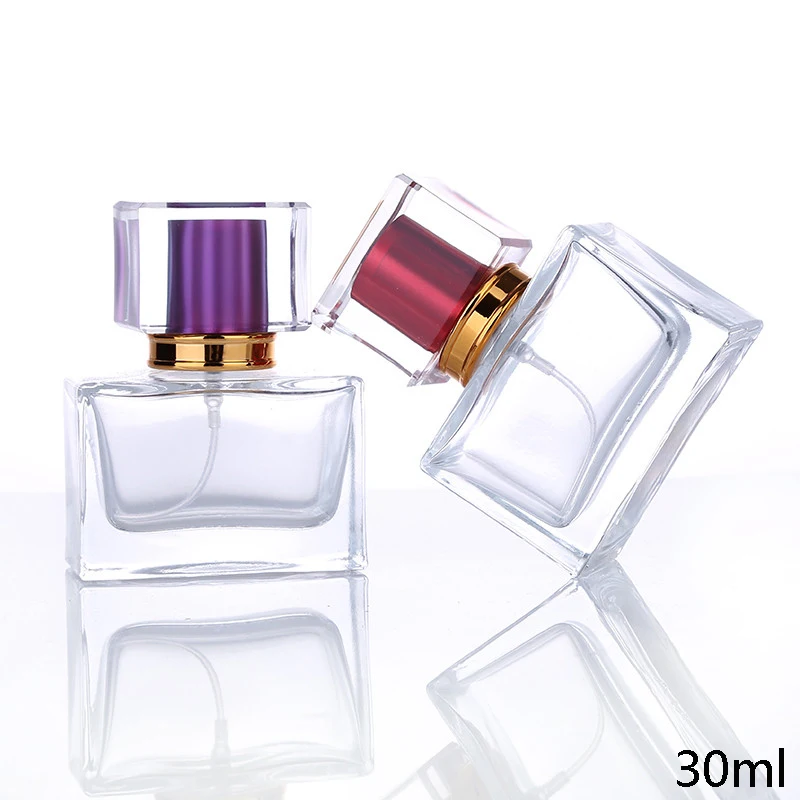 

Modern Square Clear Empty Glass Fragrance Perfume Bottle 30ml With Gold Red Pink Purple Black Spray Lid With Clear Acrylic Cover