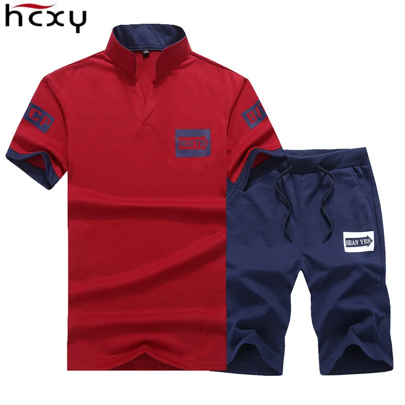 

HCXY 2019 Men's Summer Casual Suit Man Men Shorts + Short sleeve t shirt one set Mens Shorts + T-shirt Male V-neck Elastic waist