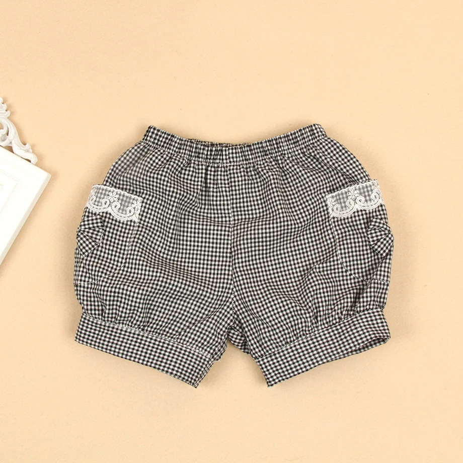 Fashion Girls Summer Shorts Cotton Plaid Bloomers Lace Decoration Bow Pocket