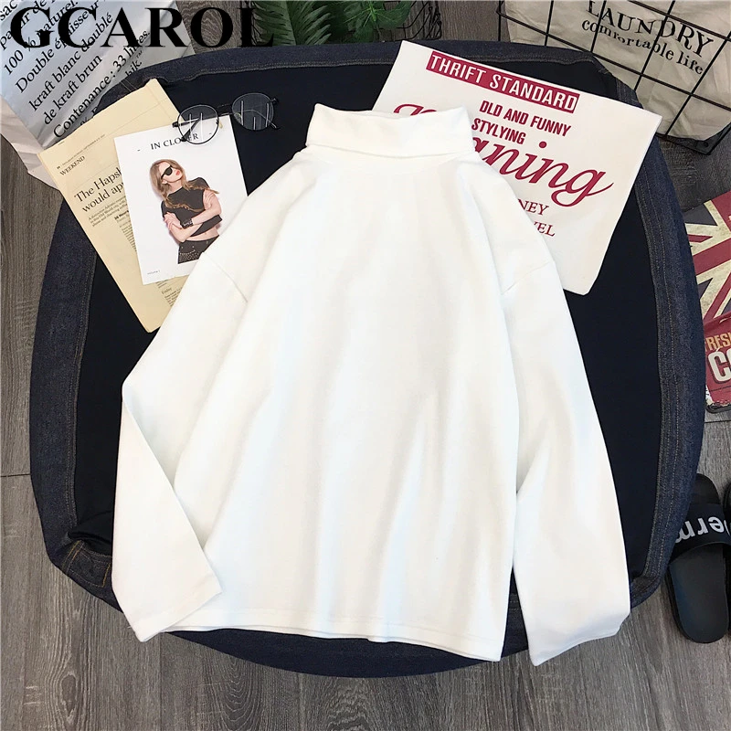  GCAROL Women T-shirt Turtleneck Striped Full Sleeve Stretch Tops Basic Drop Shoulder Undershirt Bas