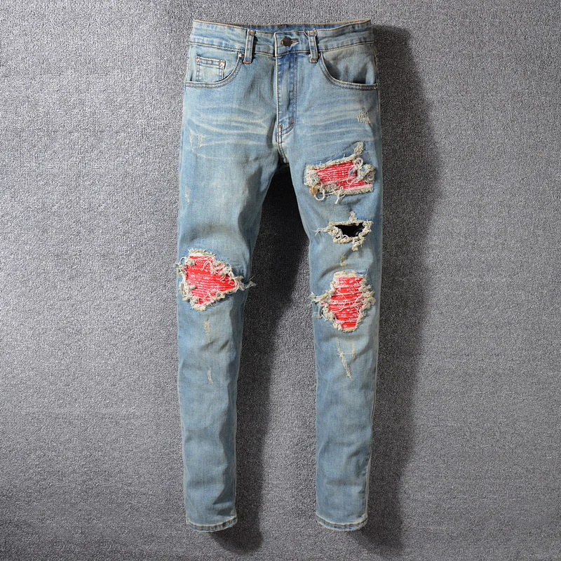 

American Streeetwear Fashion Men Jeans Retro Blue Washed Slim Fit Ripped Jeans Broken Pants Patchwork Designer Hip Hop Jeans Men