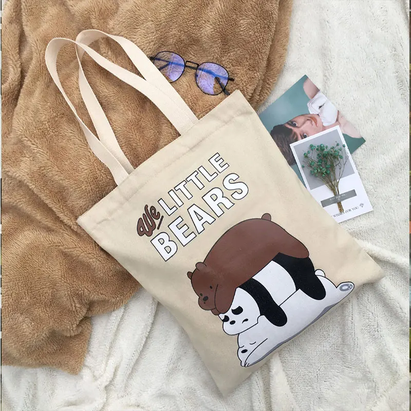 

Girl large capacity canvas tote bag cartoon cute bear print shoulder bag portable storage bag shopping bag