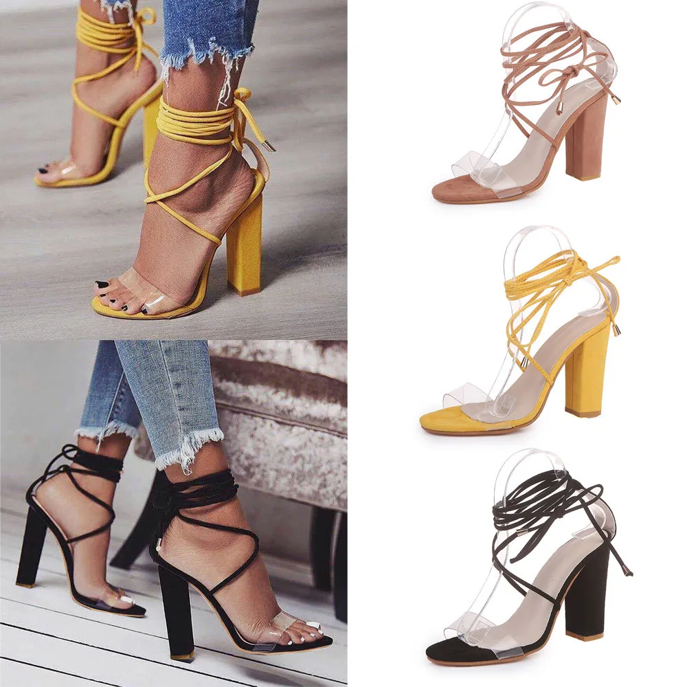 

2019 New design transparent belt cross straps thick heel sandals Roman shoes #AY3