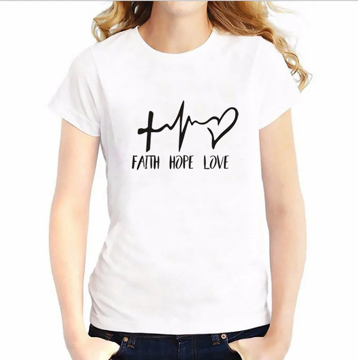 Женская футболка христианская женская с надписью Faith Hope Love Heartbeat круглым вырезом