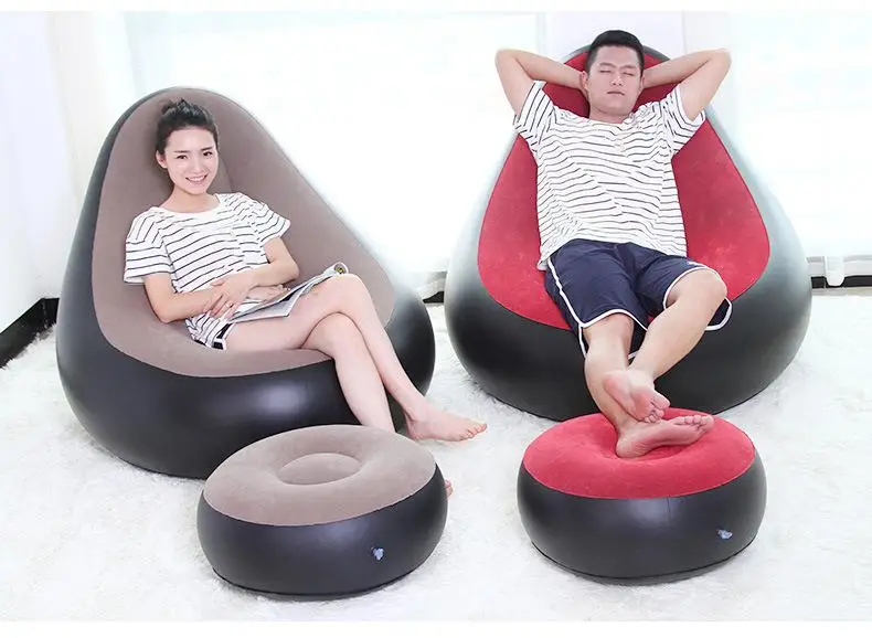 ECO friendly AZO free Flocked PVC inflatable bean bag chair with foot stool,feetrest inflatated beanbag strong living room chair