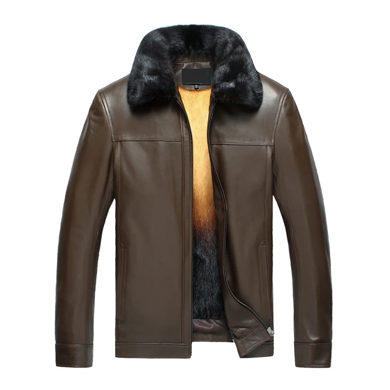 

2019 winter new men's real mink fur collar leather coat overcoming fur collar