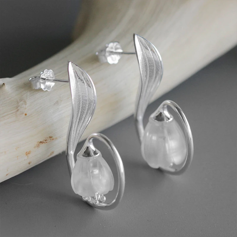 Lotus Fun Genuine 925 Sterling Silver Earrings for Women Cristal Natural Crystal Lily Flower Dangle Drop Earring