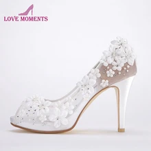 Красивые белые кружевные свадебные модельные туфли для невесты удобные модельные туфли с открытым носком на высоком каблуке 4 дюйма вечерние туфли-лодочки для выпускного