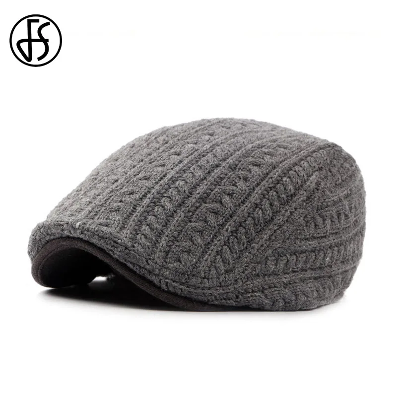 

FS Womens Knitted Beret Hat Winter Wool Flat Cap For Men 2018 Fashion Strpied Outdoor Unisex Adjustable Casual Male Peaked Cap