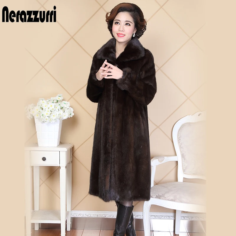 

Nerazzurri Real Mink Fur Coat For Women China Turn-down Collar Long Luxury Ladies Russian Natural Mink Coats Plus Size 5XL 6XL
