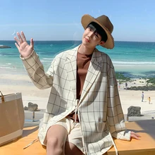 Весна и лето новая Корейская версия прилива мужской удобный высококачественный клетчатый простой хлопковый свободный костюм куртка
