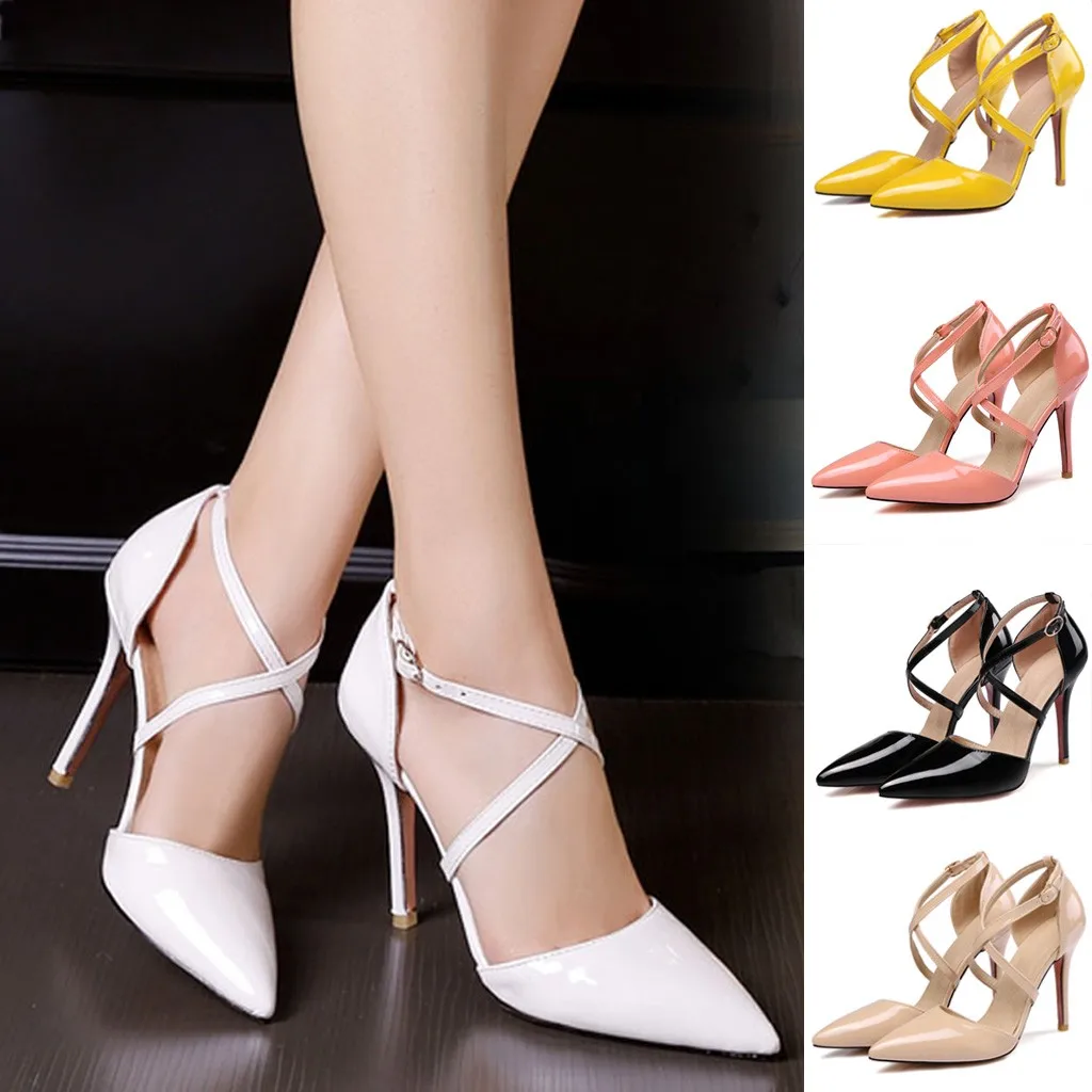 

YOUYEDIAN Women's solid color High-Heeled Cross Straps Pointed Patent Leather Sandals fashion Casual Shoes zapatos de mujer