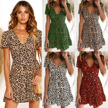 

Womens Dress 2019 Summer Leopard Ruffles Dress Fit And Flare Short Sleeve Charms Sexy V-neck Party Evening Mini Dresses Vestidos