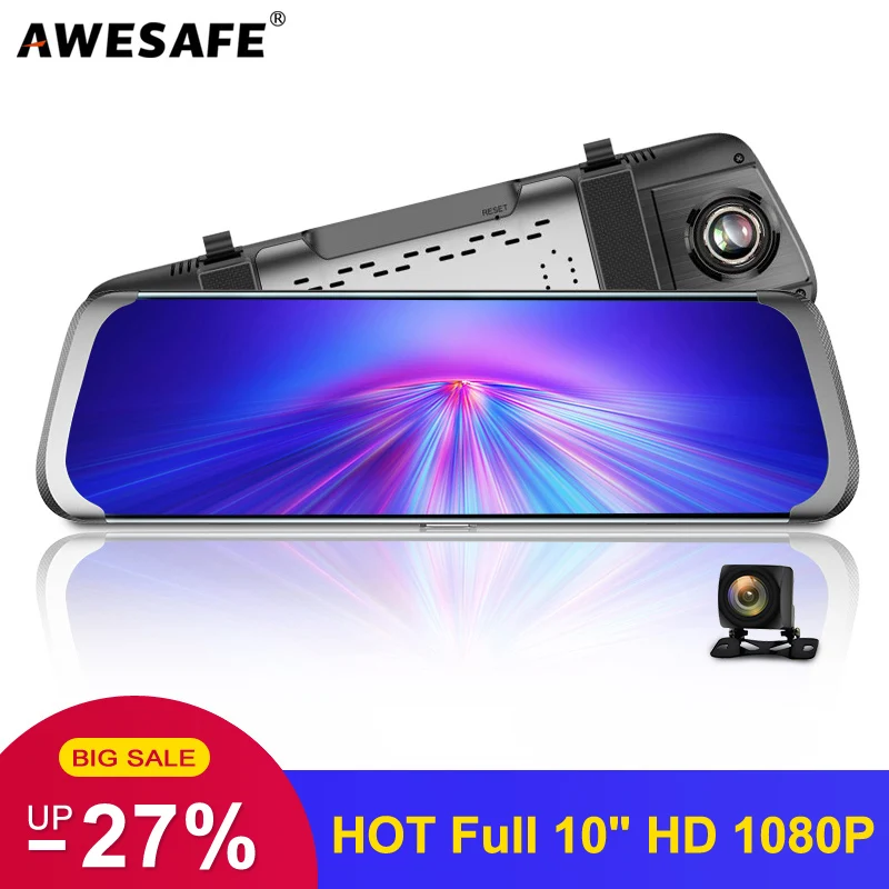 AWESAFE 10 дюймов сенсорный экран Full HD 1080 P Автомобильный Dvr поток зеркало заднего вида dash cam era двойной объектив запись автомобиля рекордер dash cam - изображение
