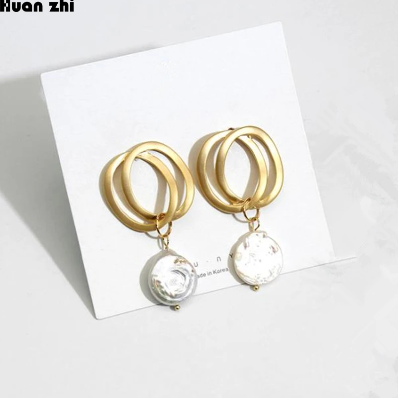 

HUANZHI 2019 Korea Design Gold Silver Matte Metal Double Circle Irregular Natural Freshwater Pearl Long Drop Earrings for Women