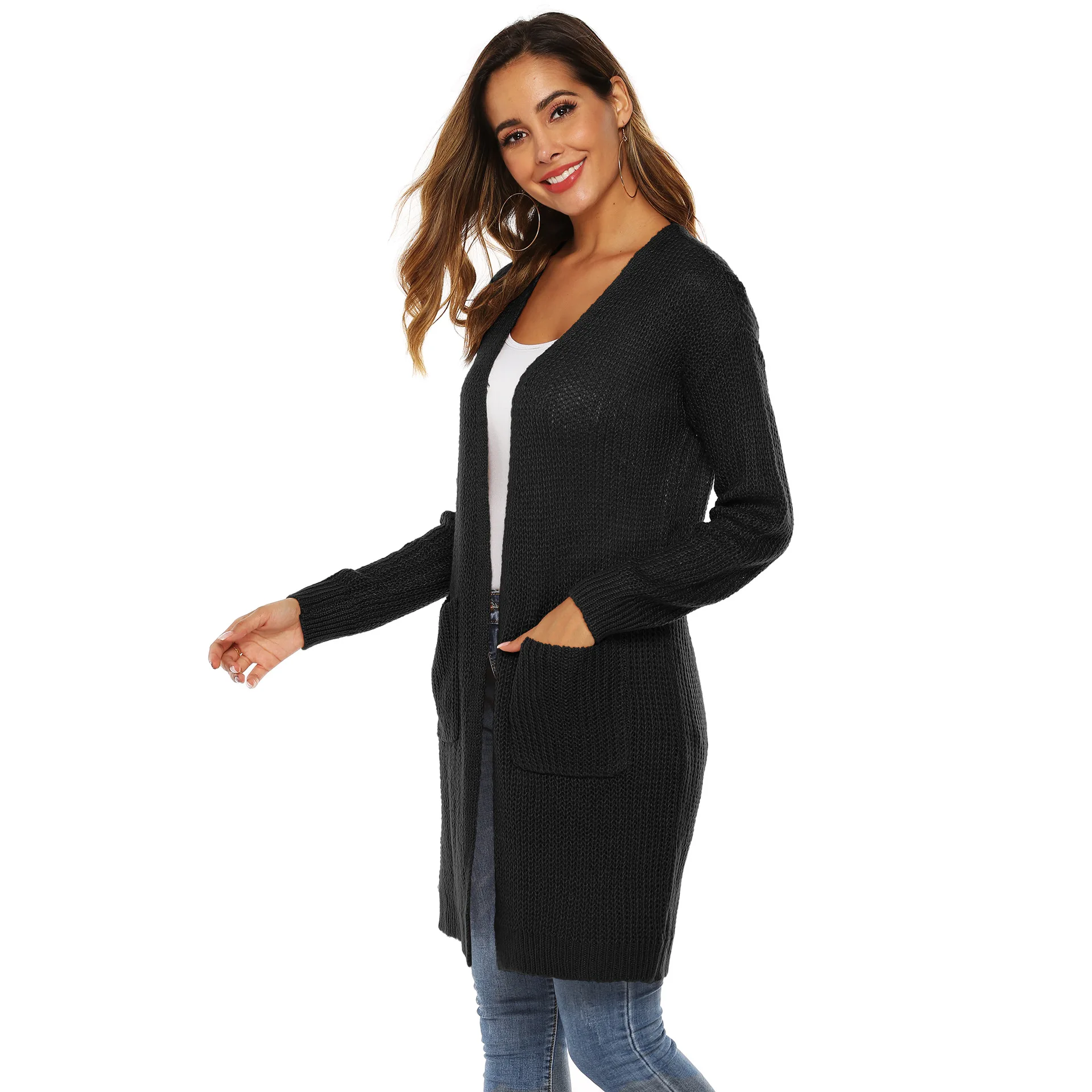 PGSD Осень Зима сплошной цветной большой карман утолщенный свитер женский средней длины свободный длинный рукав вязаный кардиган Женская одежда