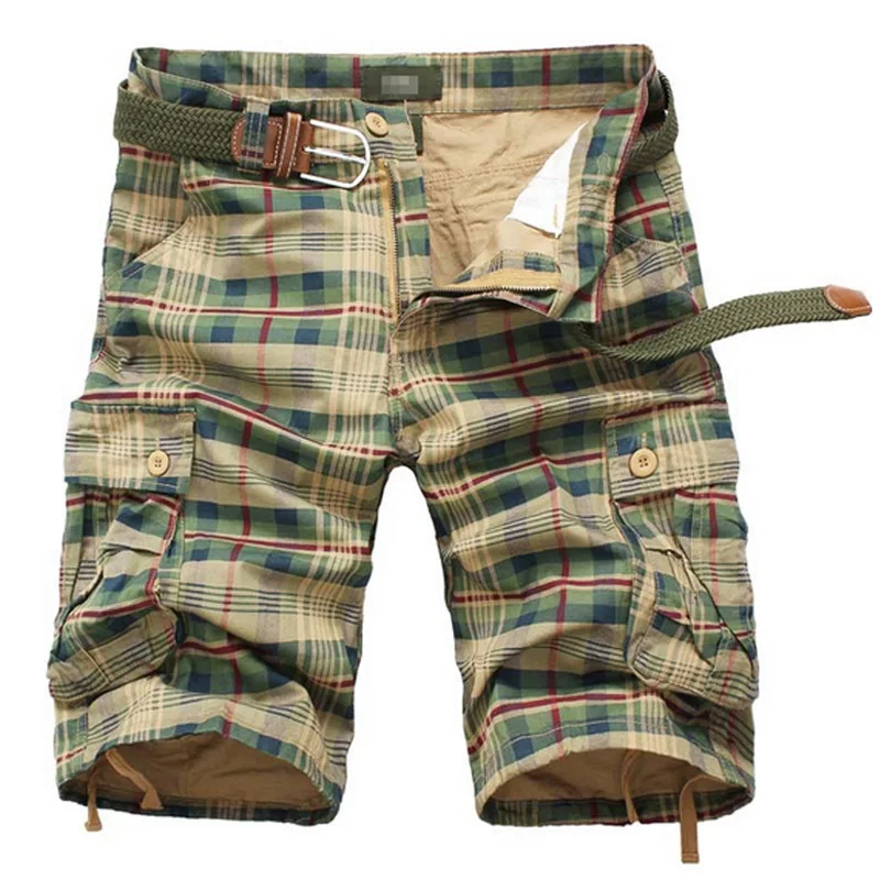 

2019 Summer Cargo Shorts Men Casual Plaid Beach Shorts Camo Camouflage Shorts Overalls Multi-Pocket Military Short Male Bermuda