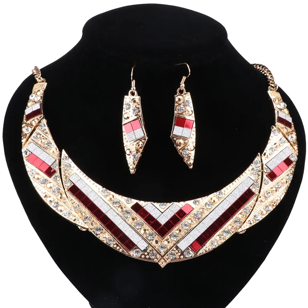 

Women Crystal Pendant Necklace Earrings Gold Color Wedding Party Jewelry Sets For Women African Dress Accessories