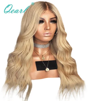 

Human Hair Full Lace Wig with Baby Hairs 4/613 Bleach Blonde with brown roots Brazilian Remy Wavy Hair Wigs Middle Parting Qearl
