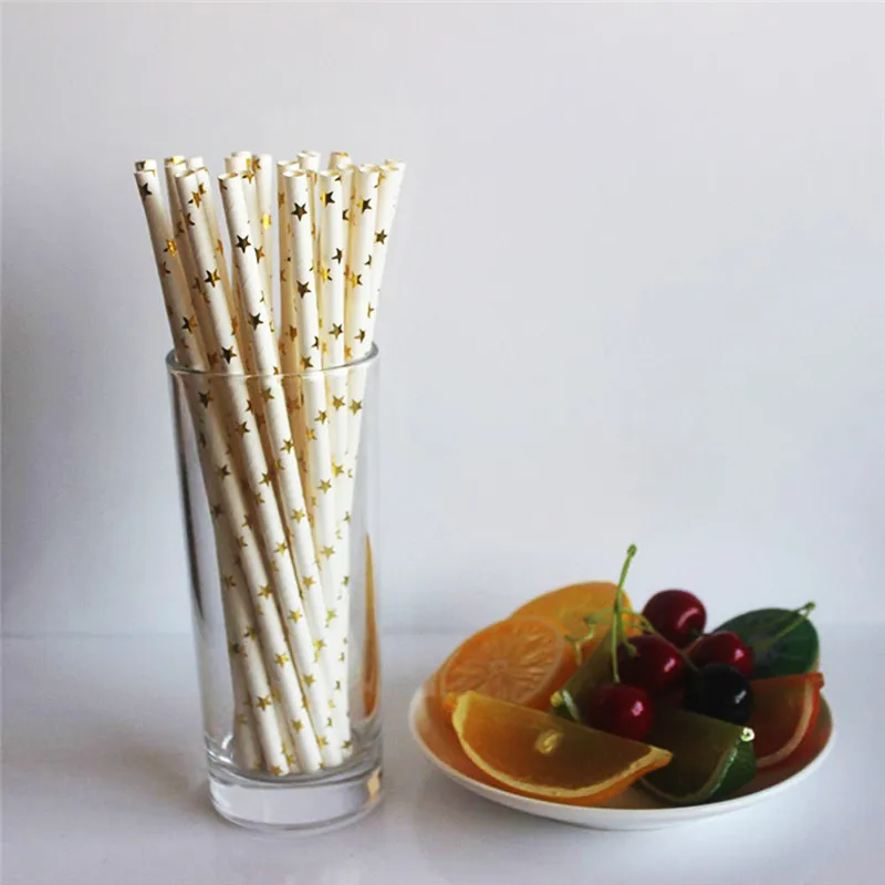 25Pcs Drinking Straws FDA Degree Gold Stars Paper Straws For Birthday