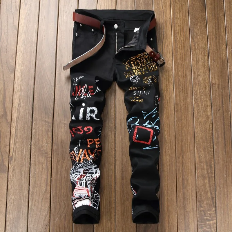 Мужские черные джинсы с цветочным принтом от парижского дизайнера, Стрейчевые мужские облегающие эластичные брюки, повседневные уличные штаны в стиле панк, хип-хоп