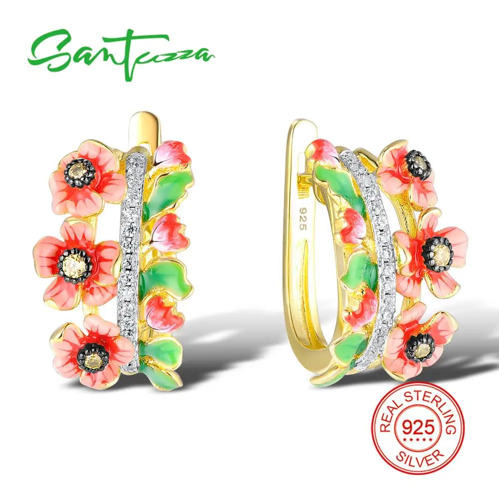 Женские сережки с серебряными цветами SANTUZZA, 925 пробы, серебряные серьги-клипс Серебро 925 с кубическим цирконием, ювелирные изделия с эмалью