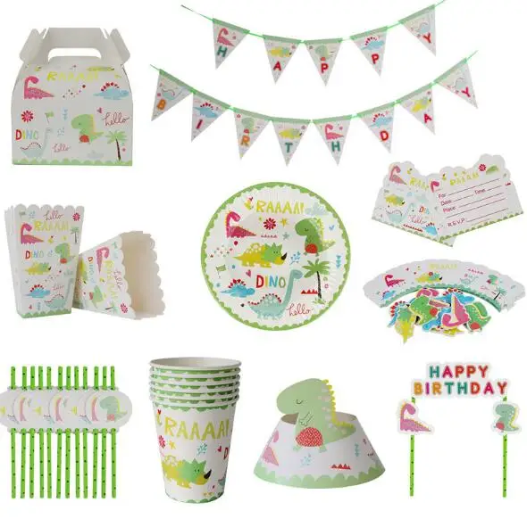 

Dinosaur Theme Tableware Set Birthday Party Decoration Kids plate Cups hats Tablecloth Flag Straw Party Supplies