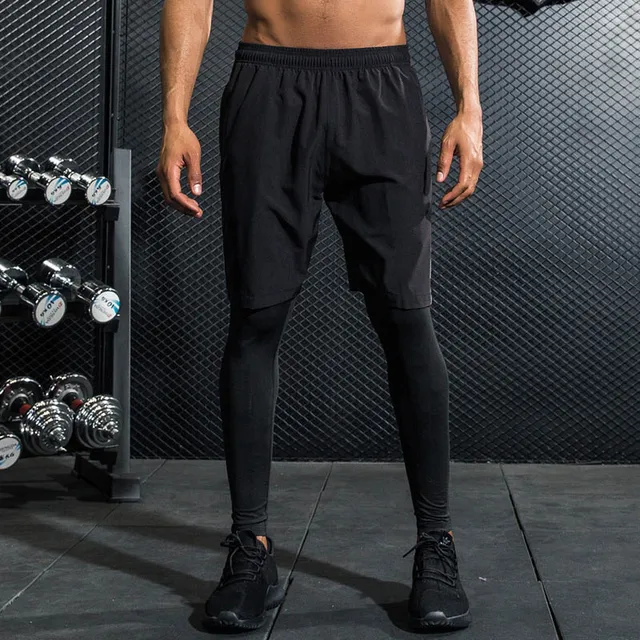 2 Pieces Set Mens Running Shorts+Tights Workout Gym Fitness Training