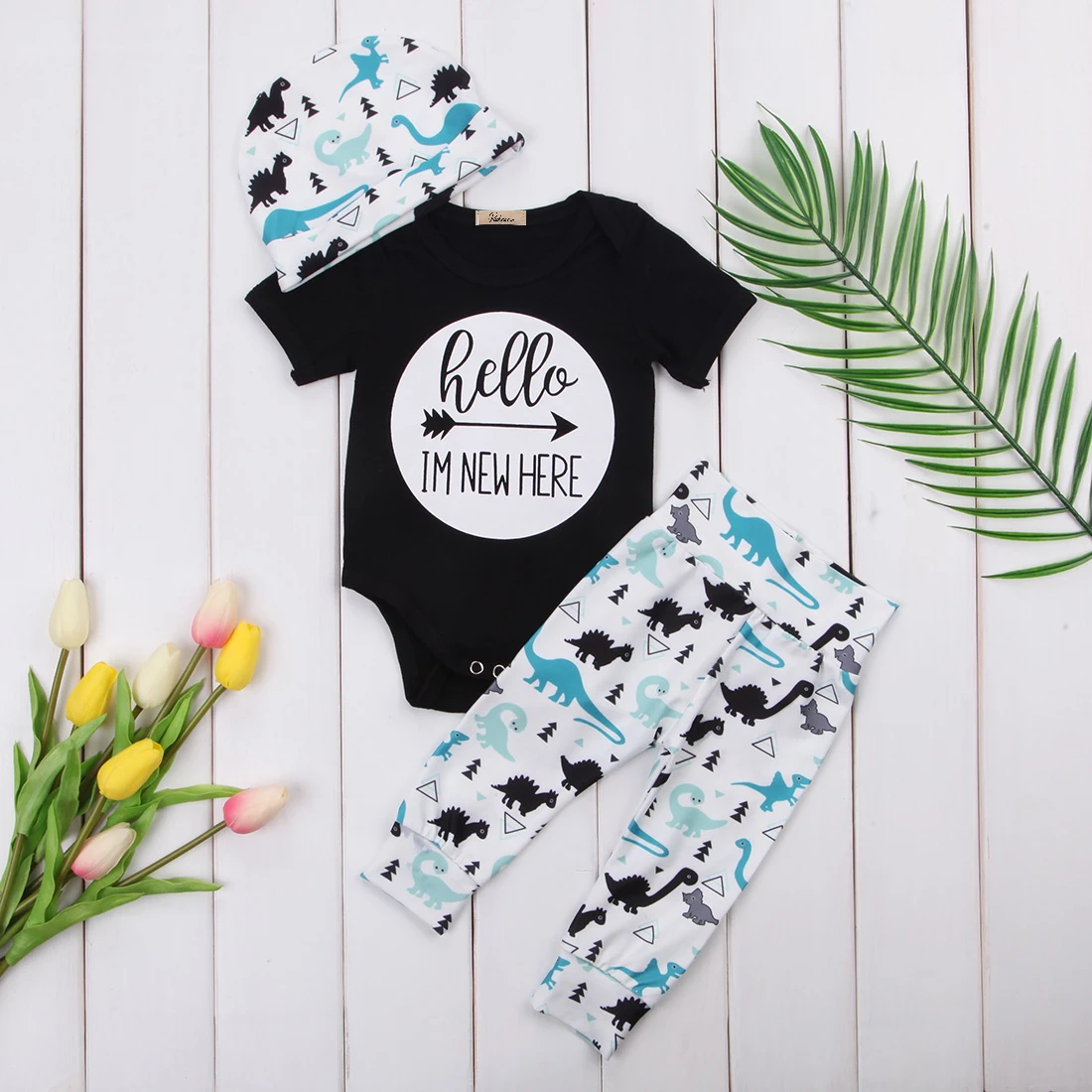 Casual Letter Short Sleeve Bodysuit and Dinosaur Pattern Pants with Hat For Baby Boy |