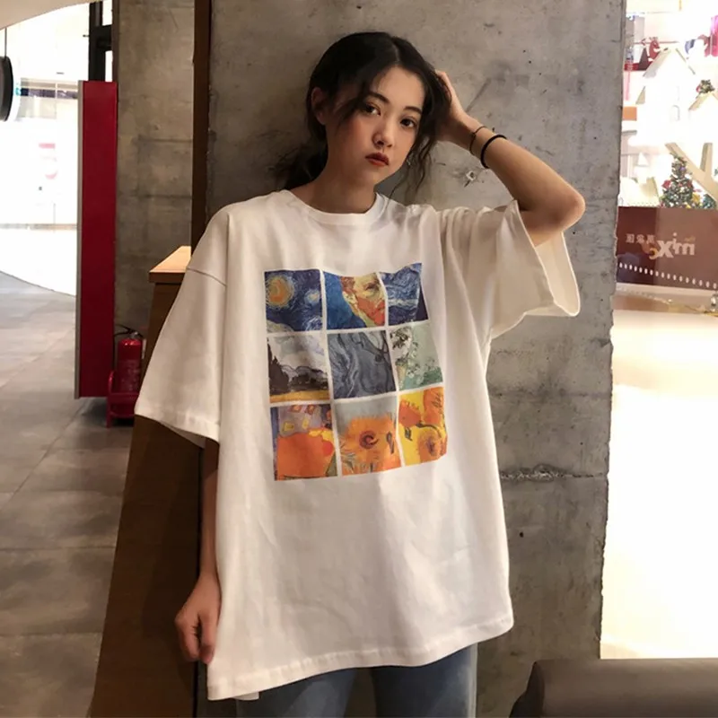 Женские модные футболки и топы с коротким рукавом в Корейском стиле, Повседневная Футболка Harajuku с рисунком Ван Гога, эстетическая футболка, уличная одежда
