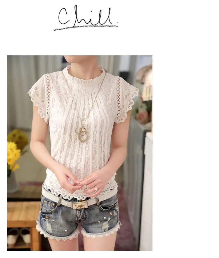 New 2016 Summer Fashion elegant solid Women Blouses Petal Sleeve Lace Chiffon O-neck Plus Size Shirt Tops 01C 35 23