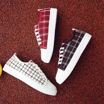 

School Girl Plaid Canvas Flats Sneakers Shoes Lace-up Casual Summer Shoes