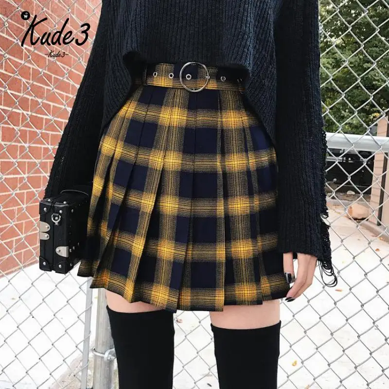 Женская плиссированная юбка в клетку harajuku желтая черная красная короткая